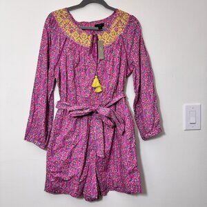 J. Crew Embroidered Romper Women’s Size 10 Belted Pink Vines Block Print New